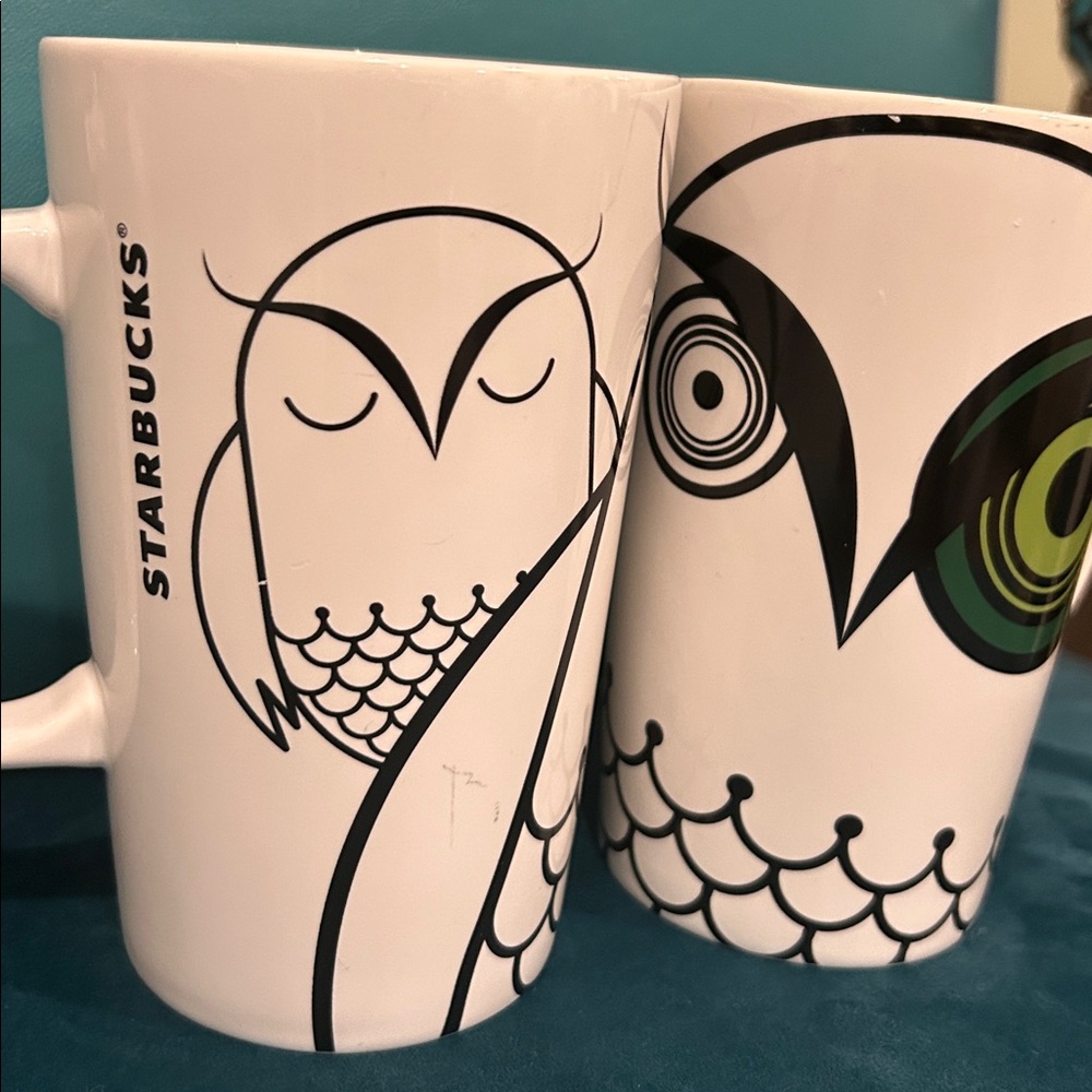 2014 STARBUCKS Retired Collectible Limited Edition Green Eye Owl coffee mug set! - Picture 2 of 5